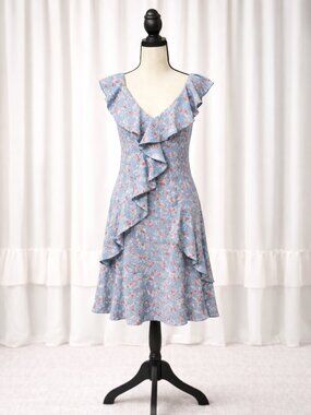 Lulus Blue Floral Ruffle Mini Dress Cottagecore Brunch Date Puff Sleeve Size M